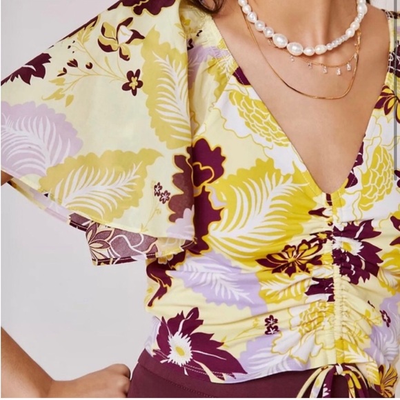 NWOT MAEVE ANTHROPOLOGIE FLORAL FLUTTER CINCHED TOP L - Picture 2 of 10